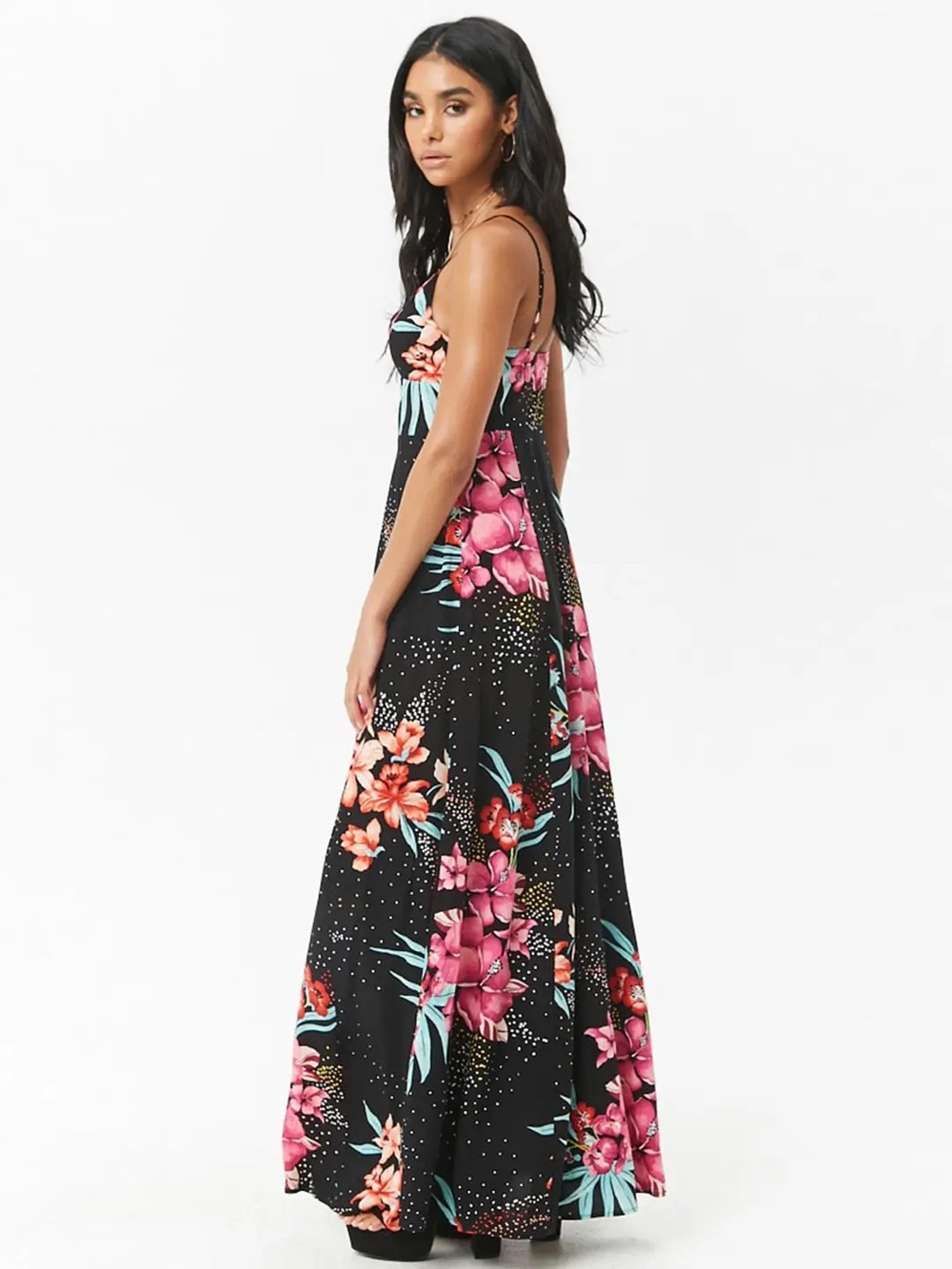 Forever 21 Black Maxi Dress with Pink & Coral Floral Print - Picture 2 of 7